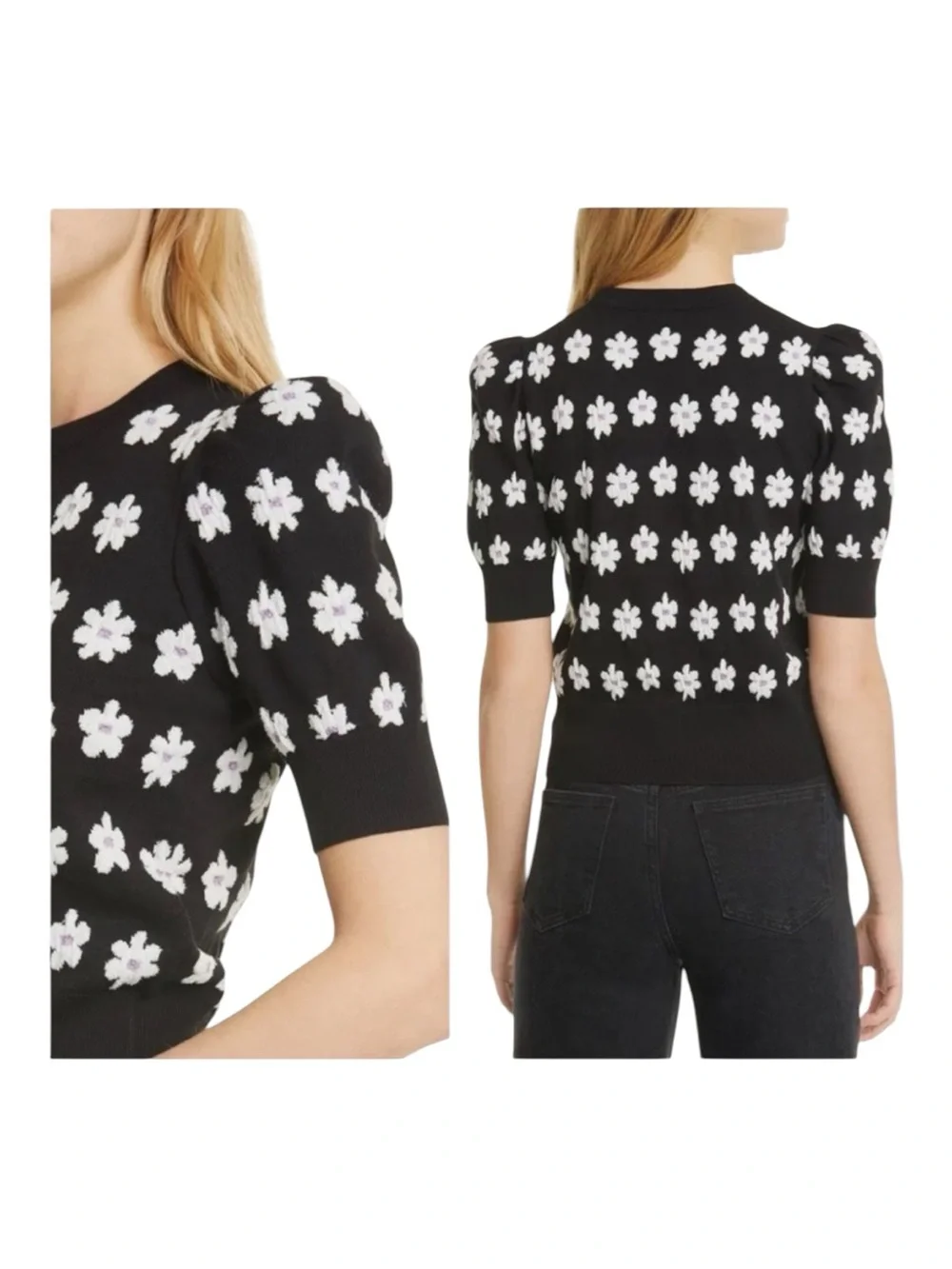 kate spade Black Daisy Puff-Sleeve Knit Top as seen on riverdale